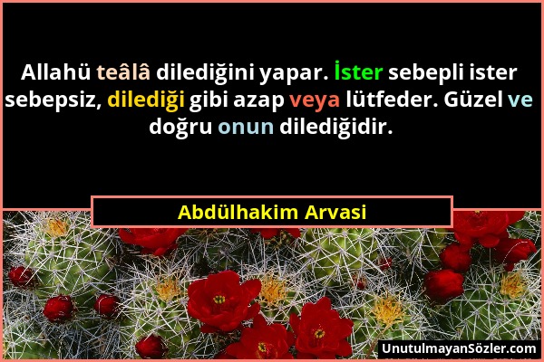 Abdülhakim Arvasi - Allahü teâlâ dilediğini yapar. İster sebepli ister sebepsiz, dilediği gibi azap veya lütfeder. Güzel ve doğru onun dilediğidir....