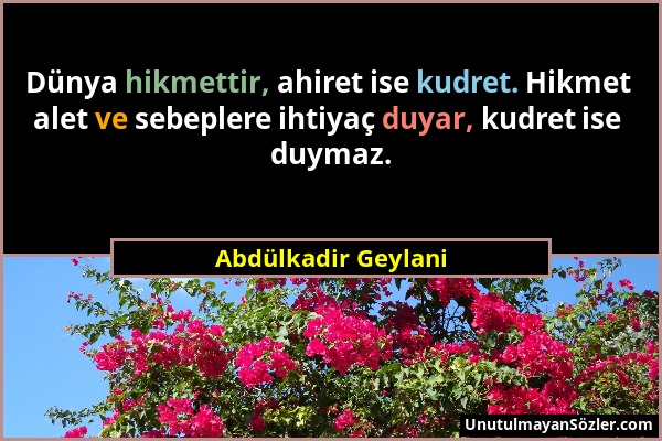 Abdülkadir Geylani - Dünya hikmettir, ahiret ise kudret. Hikmet alet ve sebeplere ihtiyaç duyar, kudret ise duymaz....