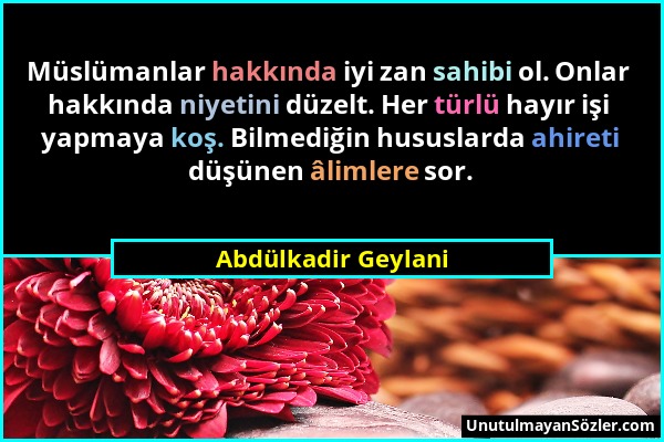 Abdülkadir Geylani - Müslümanlar hakkında iyi zan sahibi ol. Onlar hakkında niyetini düzelt. Her türlü hayır işi yapmaya koş. Bilmediğin hususlarda ah...