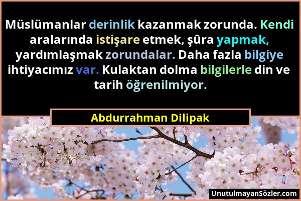 Abdurrahman Dilipak - Müslümanlar derinlik kazanmak zorunda. Kendi aralarında istişare etmek, şûra yapmak, yardımlaşmak zorundalar. Daha fazla bilgiye...