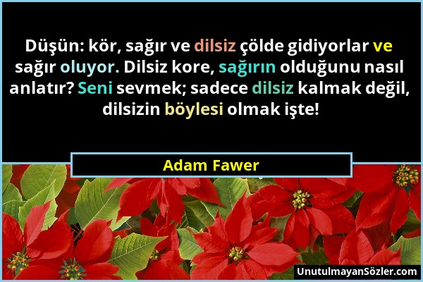 Adam Fawer - Düşün: kör, sağır ve dilsiz çölde gidiyorlar ve sağır oluyor. Dilsiz kore, sağırın olduğunu nasıl anlatır? Seni sevmek; sadece dilsiz kal...