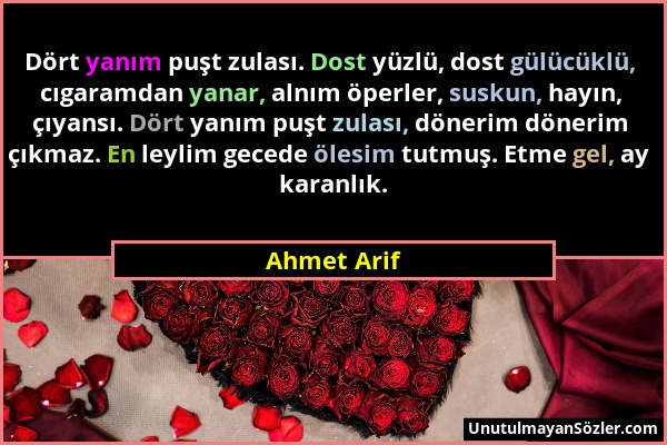 Ahmet Arif - Dört yanım puşt zulası. Dost yüzlü, dost gülücüklü, cıgaramdan yanar, alnım öperler, suskun, hayın, çıyansı. Dört yanım puşt zulası, döne...