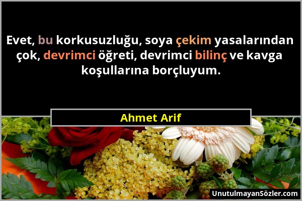 Ahmet Arif - Evet, bu korkusuzluğu, soya çekim yasalarından çok, devrimci öğreti, devrimci bilinç ve kavga koşullarına borçluyum....