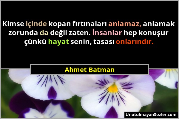 Ahmet Batman - Kimse içinde kopan fırtınaları anlamaz, anlamak zorunda da değil zaten. İnsanlar hep konuşur çünkü hayat senin, tasası onlarındır....