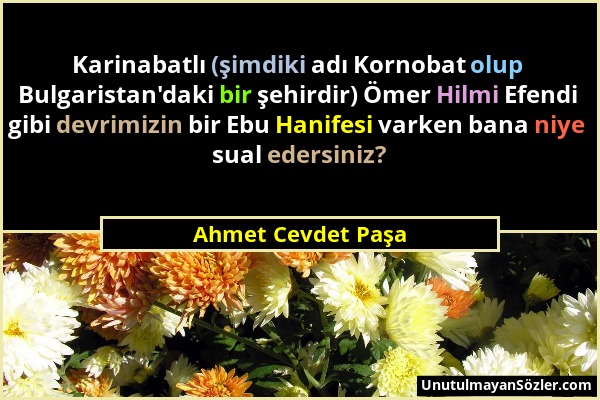 Ahmet Cevdet Paşa - Karinabatlı (şimdiki adı Kornobat olup Bulgaristan'daki bir şehirdir) Ömer Hilmi Efendi gibi devrimizin bir Ebu Hanifesi varken ba...