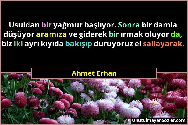 Ahmet Erhan - Usuldan bir yağmur başlıyor. Sonra bir damla düşüyor aramıza ve giderek bir ırmak oluyor da, biz iki ayrı kıyıda bakışıp duruyoruz el sa...