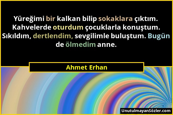 Ahmet Erhan - Yüreğimi bir kalkan bilip sokaklara çıktım. Kahvelerde oturdum çocuklarla konuştum. Sıkıldım, dertlendim, sevgilimle buluştum. Bugün de...