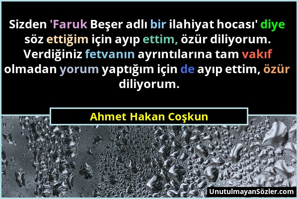 Ahmet Hakan Coşkun - Sizden 'Faruk Beşer adlı bir ilahiyat hocası' diye söz ettiğim için ayıp ettim, özür diliyorum. Verdiğiniz fetvanın ayrıntılarına...