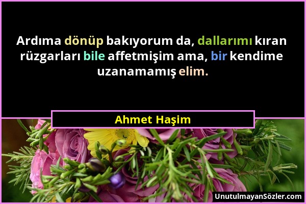 Ahmet Haşim - Ardıma dönüp bakıyorum da, dallarımı kıran rüzgarları bile affetmişim ama, bir kendime uzanamamış elim....