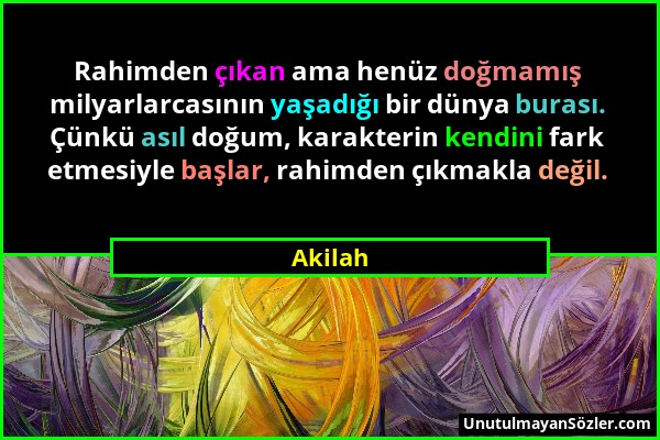 Akilah - Rahimden çıkan ama henüz doğmamış milyarlarcasının yaşadığı bir dünya burası. Çünkü asıl doğum, karakterin kendini fark etmesiyle başlar, rah...