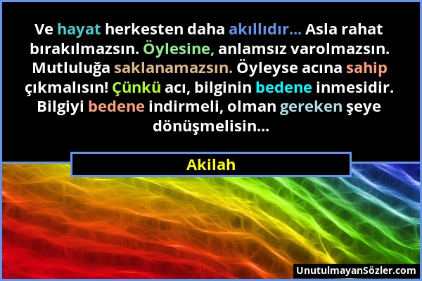 Akilah - Ve hayat herkesten daha akıllıdır... Asla rahat bırakılmazsın. Öylesine, anlamsız varolmazsın. Mutluluğa saklanamazsın. Öyleyse acına sahip ç...