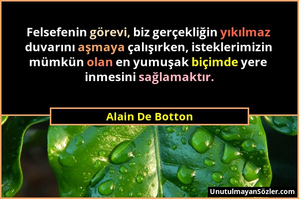 Alain De Botton - Felsefenin görevi, biz gerçekliğin yıkılmaz duvarını aşmaya çalışırken, isteklerimizin mümkün olan en yumuşak biçimde yere inmesini...