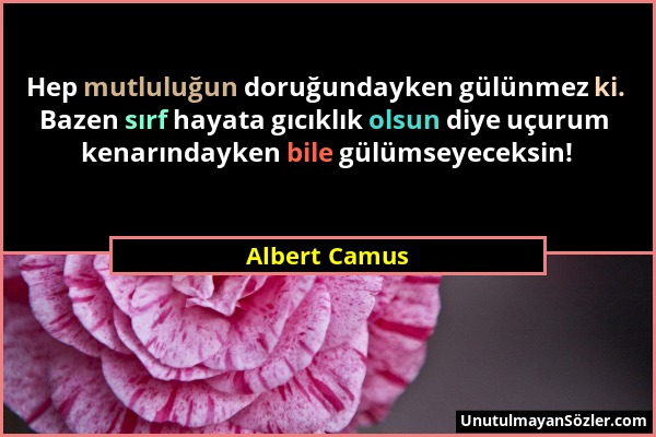 Albert Camus - Hep mutluluğun doruğundayken gülünmez ki. Bazen sırf hayata gıcıklık olsun diye uçurum kenarındayken bile gülümseyeceksin!...