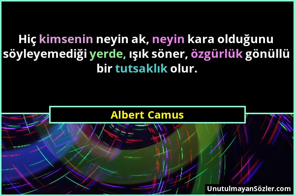 Albert Camus - Hiç kimsenin neyin ak, neyin kara olduğunu söyleyemediği yerde, ışık söner, özgürlük gönüllü bir tutsaklık olur....