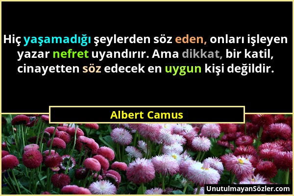 Albert Camus - Hiç yaşamadığı şeylerden söz eden, onları işleyen yazar nefret uyandırır. Ama dikkat, bir katil, cinayetten söz edecek en uygun kişi de...