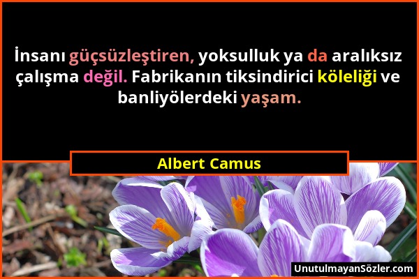 Albert Camus - İnsanı güçsüzleştiren, yoksulluk ya da aralıksız çalışma değil. Fabrikanın tiksindirici köleliği ve banliyölerdeki yaşam....