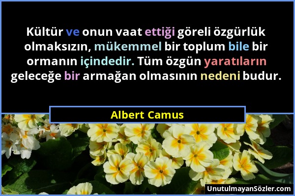 Albert Camus - Kültür ve onun vaat ettiği göreli özgürlük olmaksızın, mükemmel bir toplum bile bir ormanın içindedir. Tüm özgün yaratıların geleceğe b...