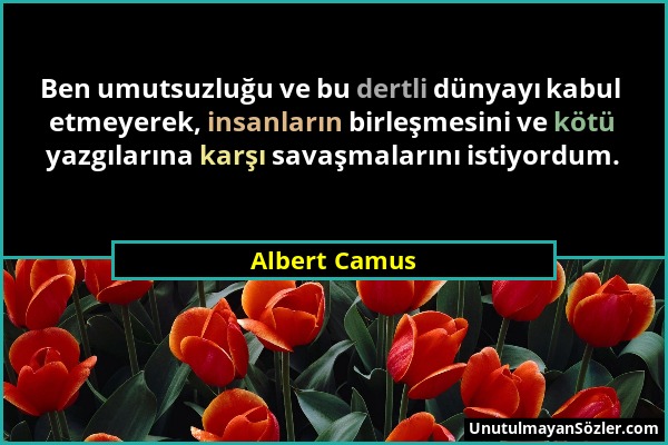 Albert Camus - Ben umutsuzluğu ve bu dertli dünyayı kabul etmeyerek, insanların birleşmesini ve kötü yazgılarına karşı savaşmalarını istiyordum....