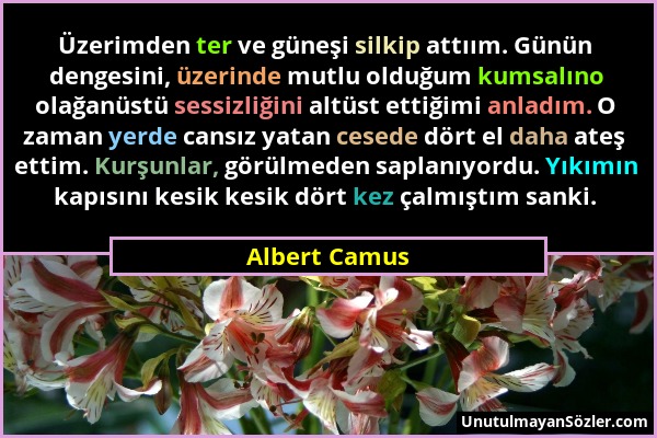 Albert Camus - Üzerimden ter ve güneşi silkip attıım. Günün dengesini, üzerinde mutlu olduğum kumsalıno olağanüstü sessizliğini altüst ettiğimi anladı...