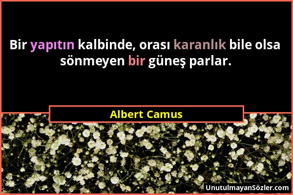 Albert Camus - Bir yapıtın kalbinde, orası karanlık bile olsa sönmeyen bir güneş parlar....