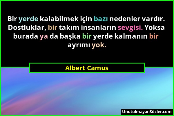 Albert Camus - Bir yerde kalabilmek için bazı nedenler vardır. Dostluklar, bir takım insanların sevgisi. Yoksa burada ya da başka bir yerde kalmanın b...