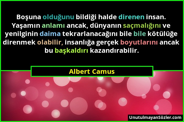 Albert Camus - Boşuna olduğunu bildiği halde direnen insan. Yaşamın anlamı ancak, dünyanın saçmalığını ve yenilginin daima tekrarlanacağını bile bile...