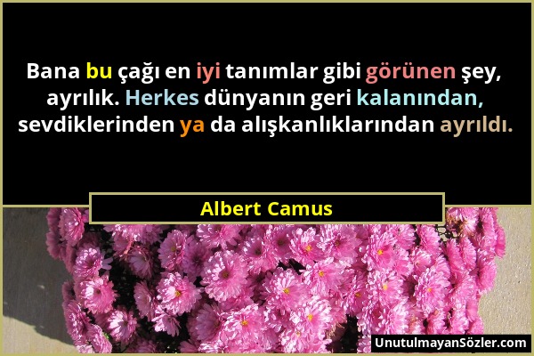 Albert Camus - Bana bu çağı en iyi tanımlar gibi görünen şey, ayrılık. Herkes dünyanın geri kalanından, sevdiklerinden ya da alışkanlıklarından ayrıld...