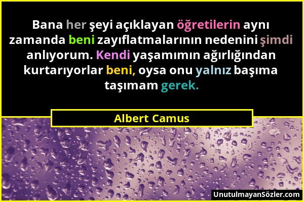 Albert Camus - Bana her şeyi açıklayan öğretilerin aynı zamanda beni zayıflatmalarının nedenini şimdi anlıyorum. Kendi yaşamımın ağırlığından kurtarıy...