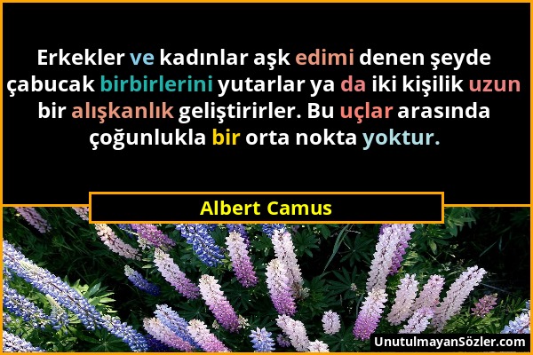 Albert Camus - Erkekler ve kadınlar aşk edimi denen şeyde çabucak birbirlerini yutarlar ya da iki kişilik uzun bir alışkanlık geliştirirler. Bu uçlar...