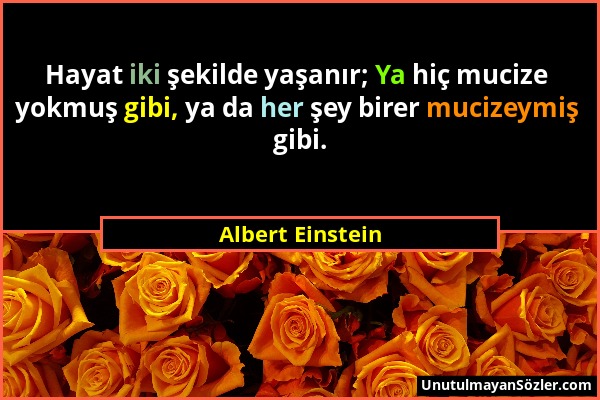 Albert Einstein - Hayat iki şekilde yaşanır; Ya hiç mucize yokmuş gibi, ya da her şey birer mucizeymiş gibi....