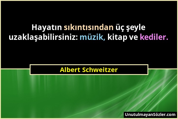 Albert Schweitzer - Hayatın sıkıntısından üç şeyle uzaklaşabilirsiniz: müzik, kitap ve kediler....