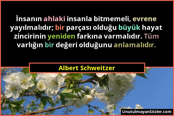 Albert Schweitzer - İnsanın ahlaki insanla bitmemeli, evrene yayılmalıdır; bir parçası olduğu büyük hayat zincirinin yeniden farkına varmalıdır. Tüm v...