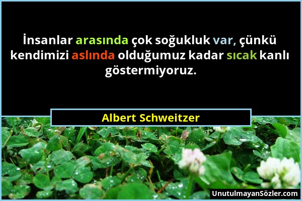 Albert Schweitzer - İnsanlar arasında çok soğukluk var, çünkü kendimizi aslında olduğumuz kadar sıcak kanlı göstermiyoruz....