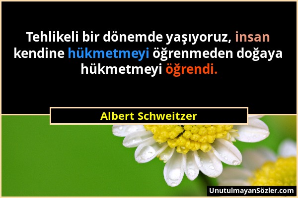 Albert Schweitzer - Tehlikeli bir dönemde yaşıyoruz, insan kendine hükmetmeyi öğrenmeden doğaya hükmetmeyi öğrendi....