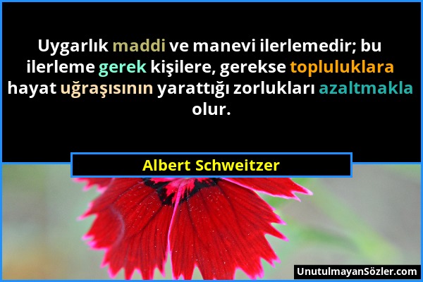 Albert Schweitzer - Uygarlık maddi ve manevi ilerlemedir; bu ilerleme gerek kişilere, gerekse topluluklara hayat uğraşısının yarattığı zorlukları azal...