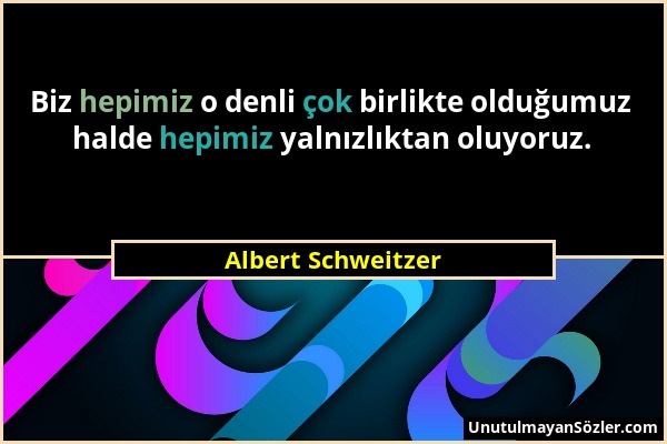 Albert Schweitzer - Biz hepimiz o denli çok birlikte olduğumuz halde hepimiz yalnızlıktan oluyoruz....