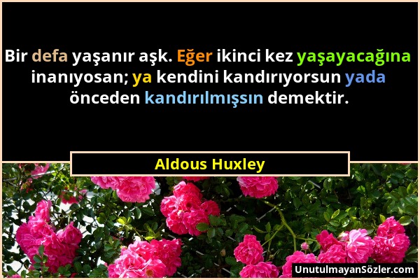 Aldous Huxley - Bir defa yaşanır aşk. Eğer ikinci kez yaşayacağına inanıyosan; ya kendini kandırıyorsun yada önceden kandırılmışsın demektir....