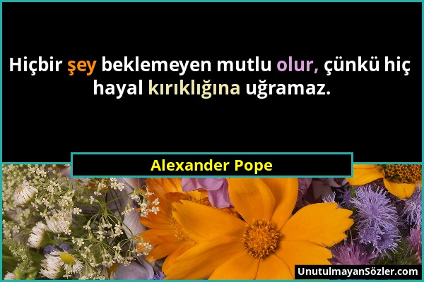 Alexander Pope - Hiçbir şey beklemeyen mutlu olur, çünkü hiç hayal kırıklığına uğramaz....