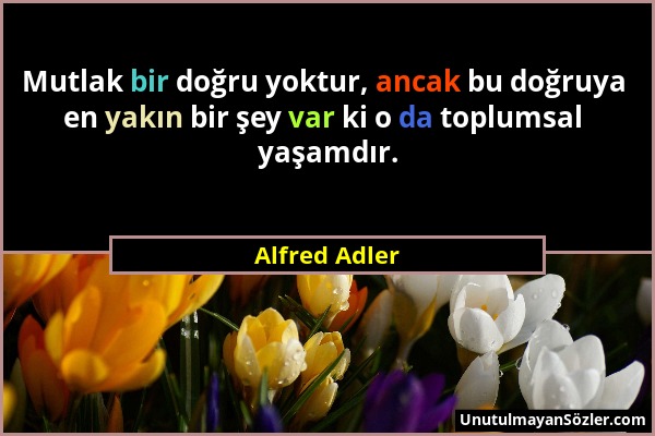 Alfred Adler - Mutlak bir doğru yoktur, ancak bu doğruya en yakın bir şey var ki o da toplumsal yaşamdır....