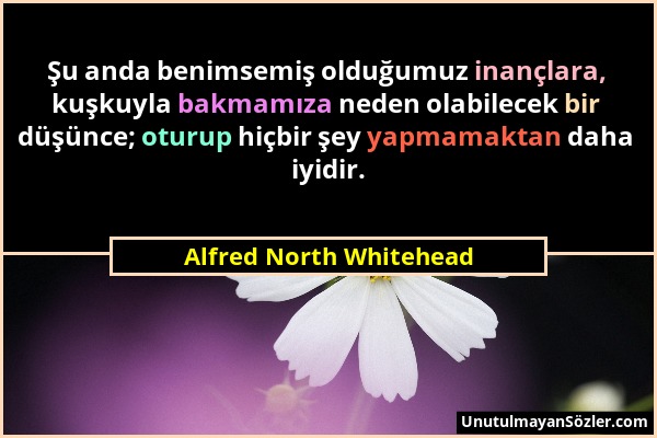 Alfred North Whitehead - Şu anda benimsemiş olduğumuz inançlara, kuşkuyla bakmamıza neden olabilecek bir düşünce; oturup hiçbir şey yapmamaktan daha i...