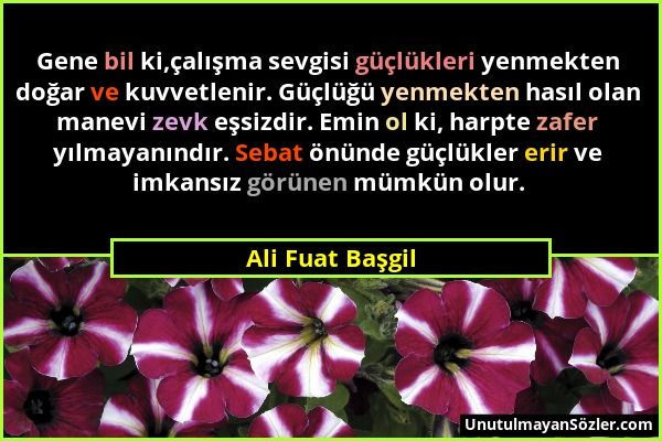 Ali Fuat Başgil - Gene bil ki,çalışma sevgisi güçlükleri yenmekten doğar ve kuvvetlenir. Güçlüğü yenmekten hasıl olan manevi zevk eşsizdir. Emin ol ki...