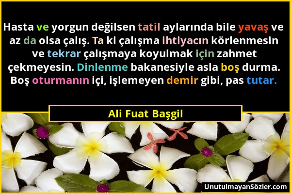 Ali Fuat Başgil - Hasta ve yorgun değilsen tatil aylarında bile yavaş ve az da olsa çalış. Ta ki çalışma ihtiyacın körlenmesin ve tekrar çalışmaya koy...