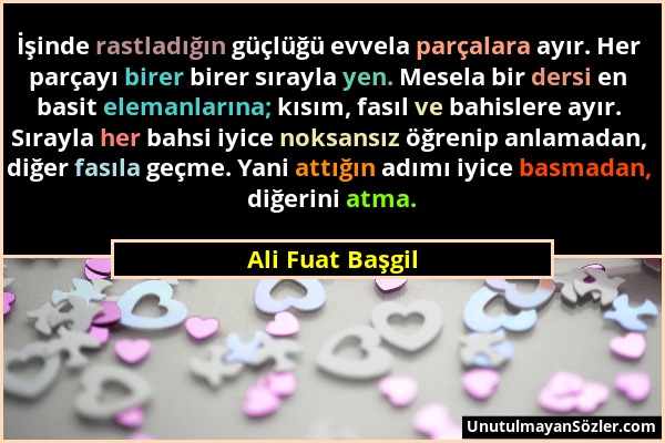 Ali Fuat Başgil - İşinde rastladığın güçlüğü evvela parçalara ayır. Her parçayı birer birer sırayla yen. Mesela bir dersi en basit elemanlarına; kısım...