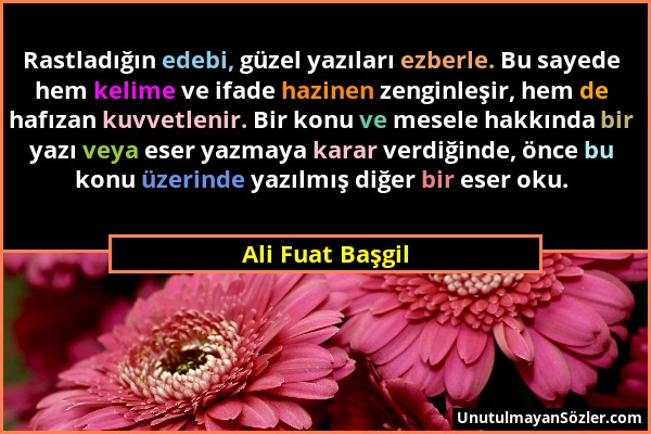 Ali Fuat Başgil - Rastladığın edebi, güzel yazıları ezberle. Bu sayede hem kelime ve ifade hazinen zenginleşir, hem de hafızan kuvvetlenir. Bir konu v...