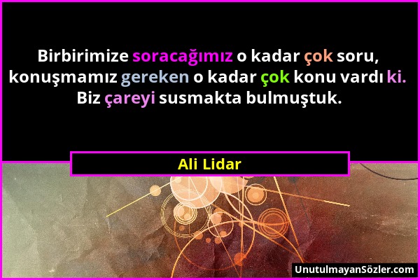 Ali Lidar - Birbirimize soracağımız o kadar çok soru, konuşmamız gereken o kadar çok konu vardı ki. Biz çareyi susmakta bulmuştuk....