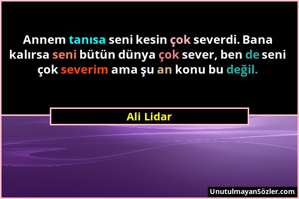 Ali Lidar - Annem tanısa seni kesin çok severdi. Bana kalırsa seni bütün dünya çok sever, ben de seni çok severim ama şu an konu bu değil....