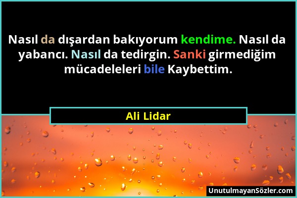 Ali Lidar - Nasıl da dışardan bakıyorum kendime. Nasıl da yabancı. Nasıl da tedirgin. Sanki girmediğim mücadeleleri bile Kaybettim....