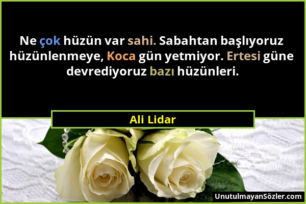 Ali Lidar - Ne çok hüzün var sahi. Sabahtan başlıyoruz hüzünlenmeye, Koca gün yetmiyor. Ertesi güne devrediyoruz bazı hüzünleri....