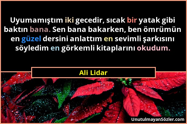 Ali Lidar - Uyumamıştım iki gecedir, sıcak bir yatak gibi baktın bana. Sen bana bakarken, ben ömrümün en güzel dersini anlattım en sevimli şarkısını s...