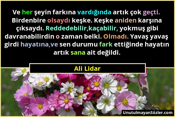 Ali Lidar - Ve her şeyin farkına vardığında artık çok geçti. Birdenbire olsaydı keşke. Keşke aniden karşına çıksaydı. Reddedebilir,kaçabilir, yokmuş g...